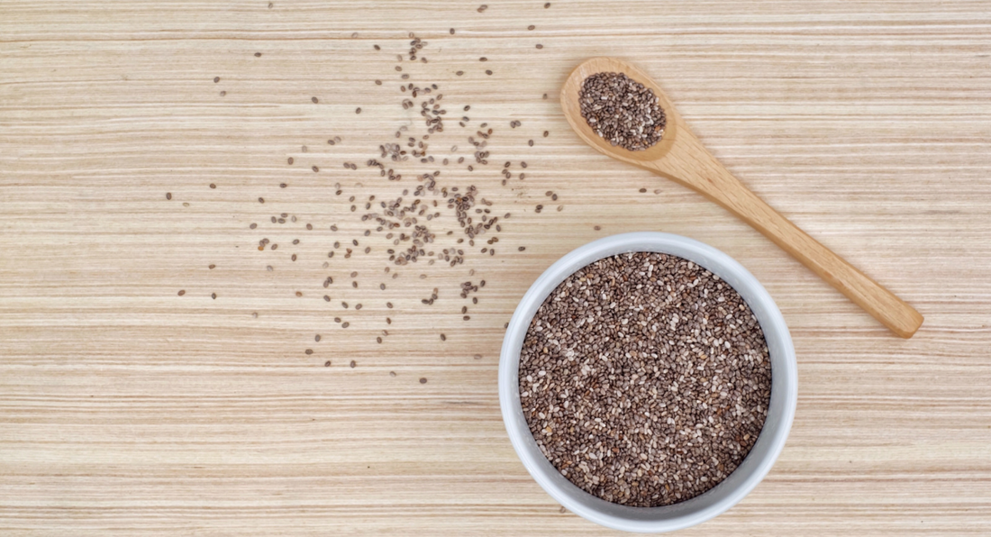 A wooden spoon filled with raw chia seeds, representing a healthy supplement for dogs